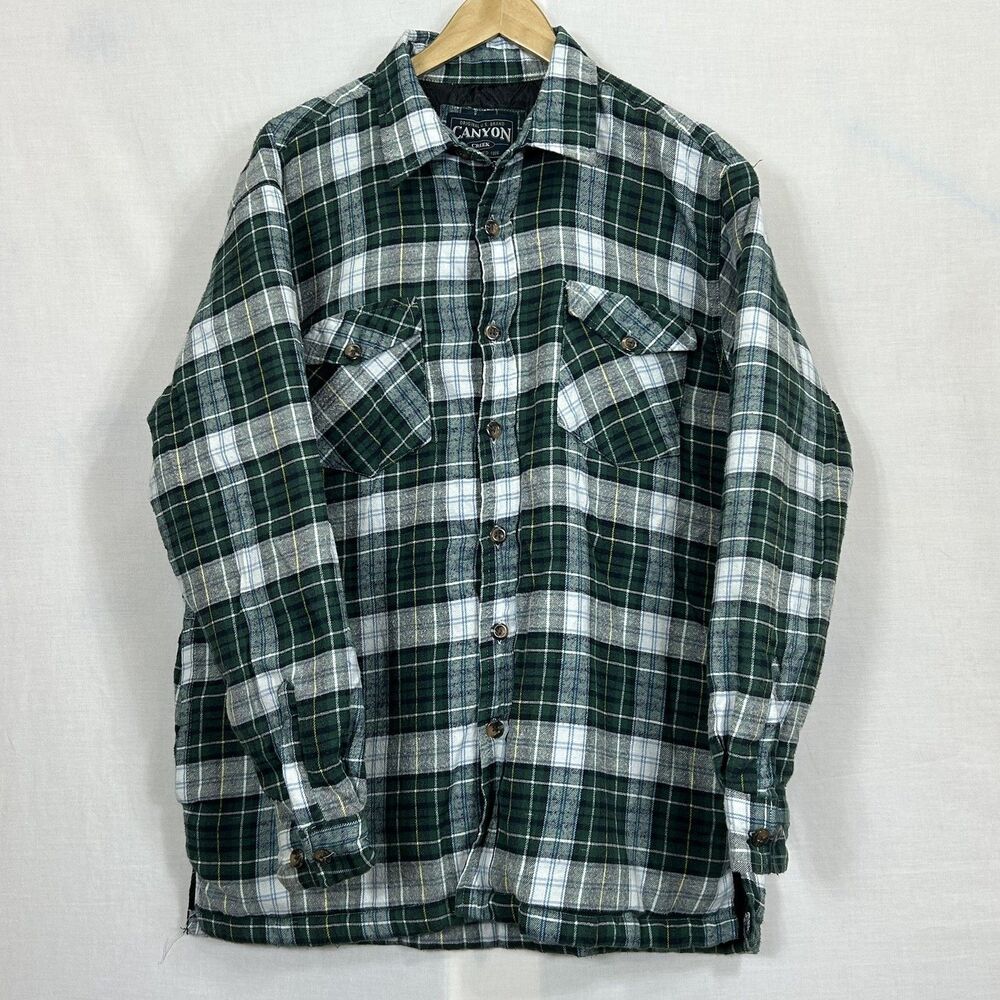 Canyon Creek Shacket Shirt Large Green Plaid Quilted Flannel Lined Workwear